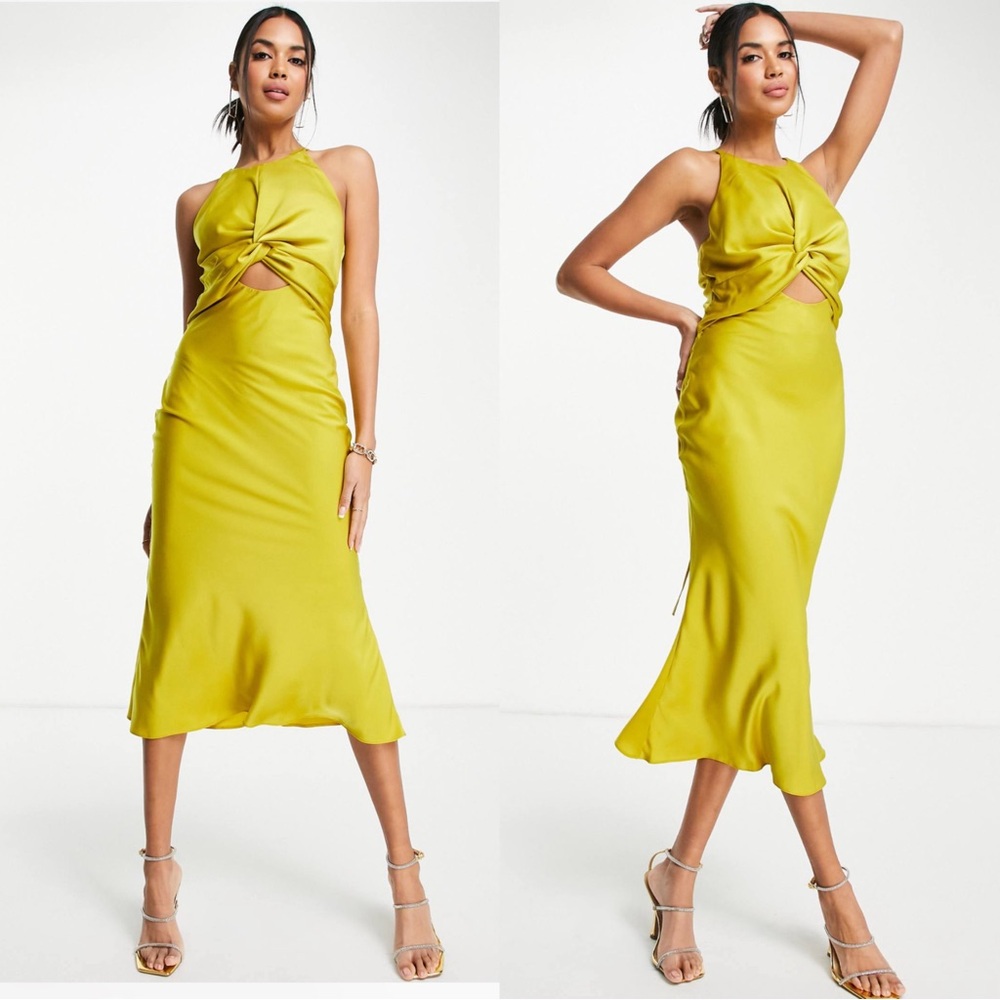 ASOS DESIGN knot front satin midi dress with tie back detail in olive green NWT